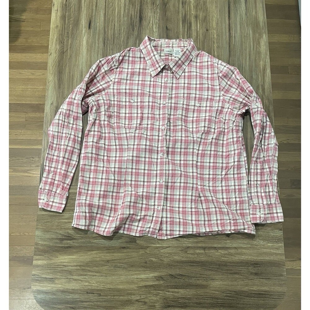 L.L Bean 100% Cotton Pink Plaid Long Sleeve Button up Long Sleeve Women Size XL